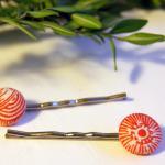Orange And White Fabric Button Bobby Pins