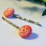 Orange And White Fabric Button Bobby Pins