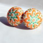 Orange Flower Fabric Button Covered Stud Earrings