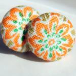 Orange Flower Fabric Button Covered Stud Earrings