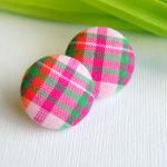 Pink Plaid With Orange And Green Stripes Button..