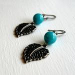 Turquoise Beaded Gunmetal Leaf Earrings