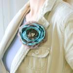 Taupe And Blue Fabric Flower Pin