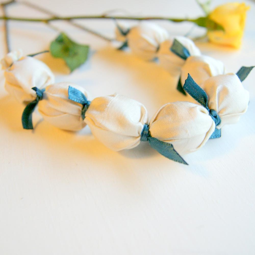 Ivory And Blue Ribbon Fabric Necklace