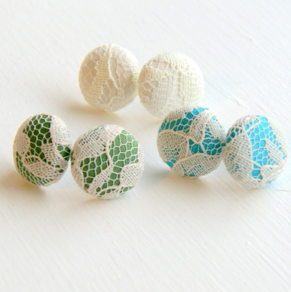 White Lace Fabric Stud Earrings - Set Of Three