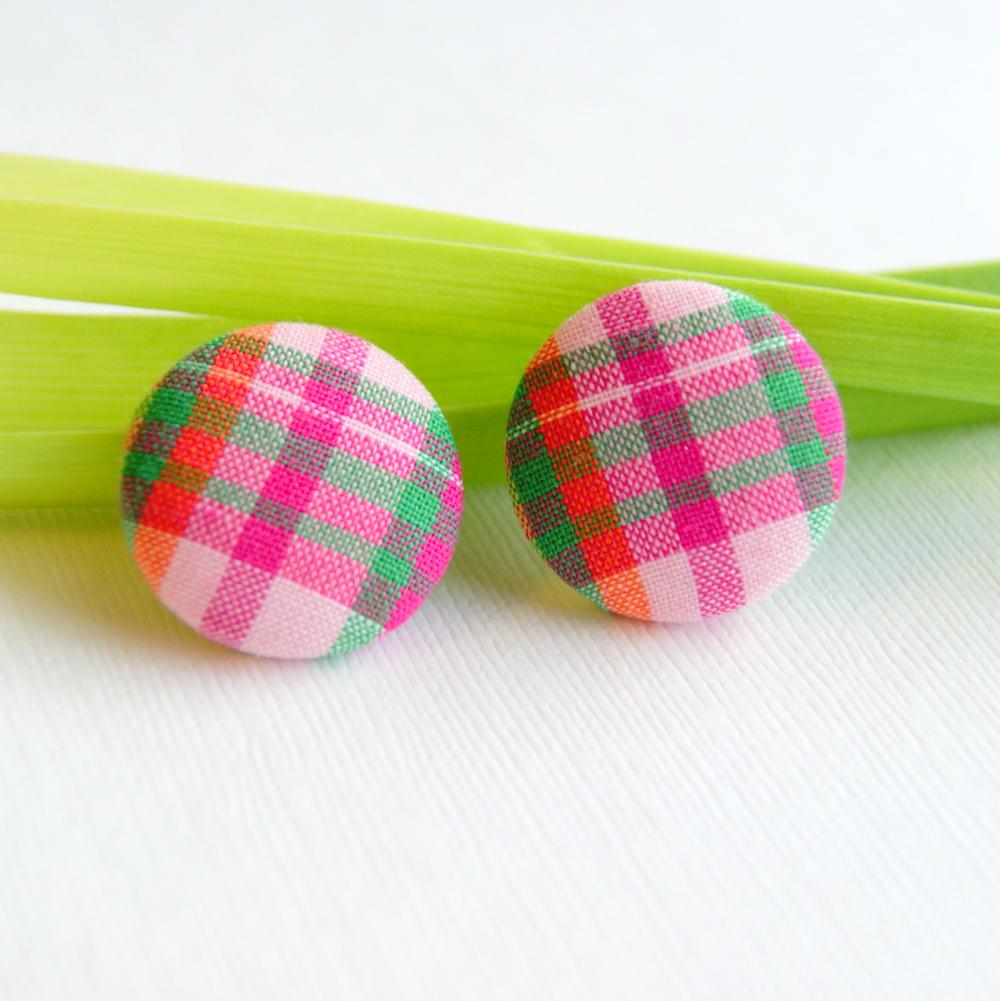 Pink Plaid With Orange And Green Stripes Button Earrings