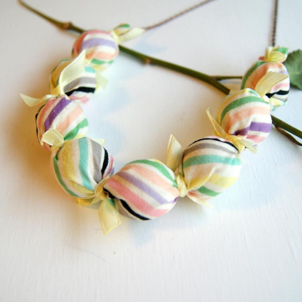 Yellow Ribbon Candy Stripe Fabric Beaded Necklace