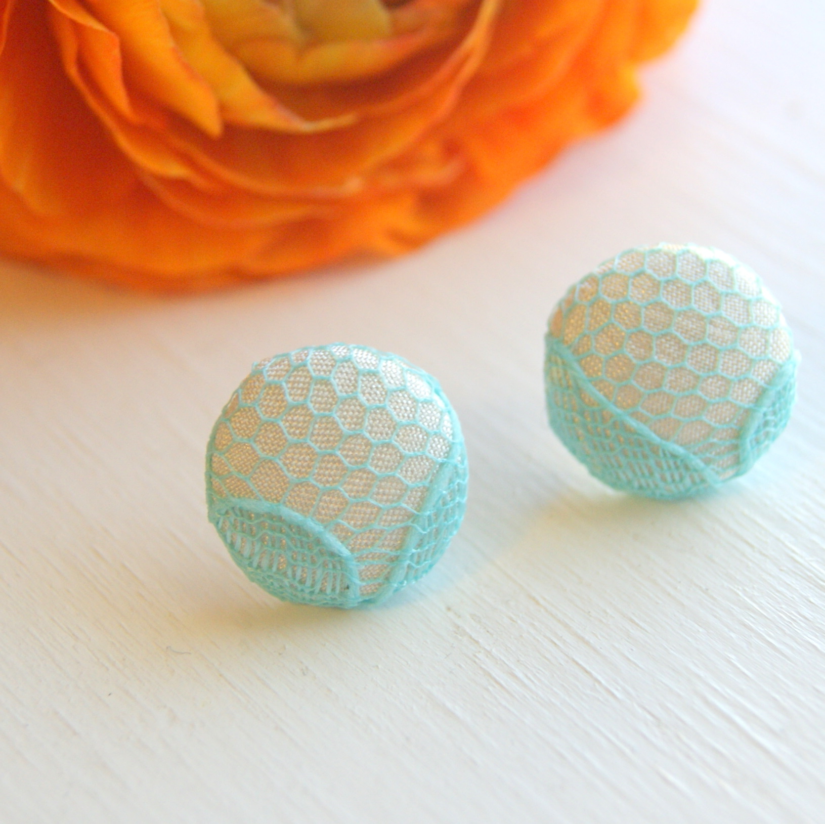 Aqua Lace And White Satin Fabric Button Earrings Medium on Luulla